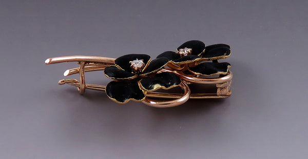 Elegant Antique American 14k Gold Diamond Black Enamel Pansy Pin Brooch