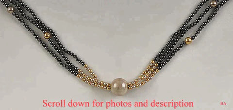Stylish 14K Gold Silver & Hematite Triple Strand Necklace