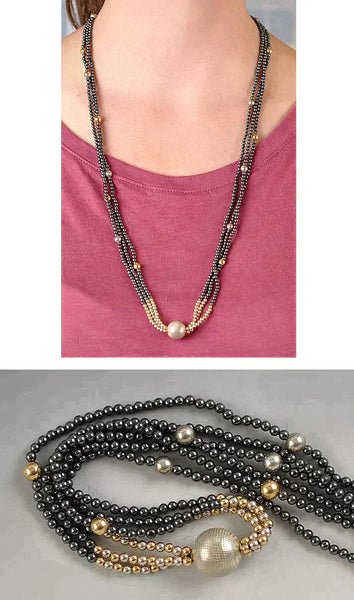 Stylish 14K Gold Silver & Hematite Triple Strand Necklace