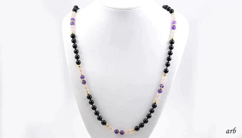 Sweet and Modern Necklace of 14k Yellow Gold Amethyst Onyx and Rose Quartz 31"