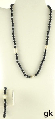Great Genuine Black Onyx and Pearl 14K Yellow Gold Beaded Necklace and Bracelet