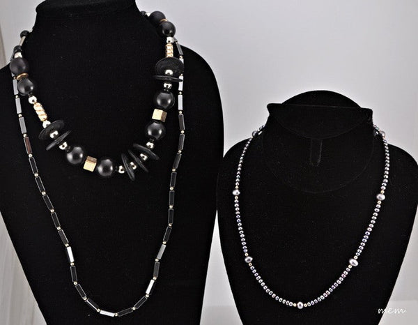 3 Genuine Pearl Hematite Sterling Silver Beaded Strand Necklaces Jewelry Set