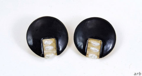 Mod 24k Gold Washed Sterling Silver Black Cloisonné Enamel Pearl Earrings