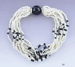 Fine Art Deco French Seed Pearl & Onyx Multi-Strand Pearl Bracelet w/ 18k Clasp