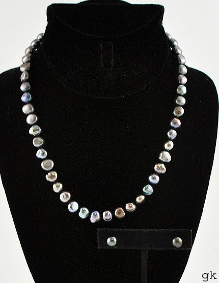 Genuine Dyed Black Pearl Sterling Silver Necklace and Earrings for Pierced Ears