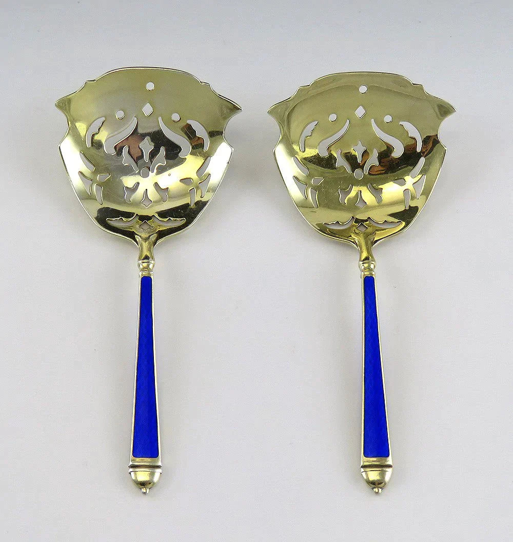 2 Antique c1920 Gilded Sterling Silver & Blue Enamel Pierced Servers 4 3/8"