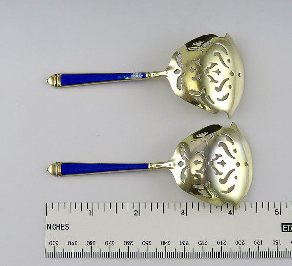 2 Antique c1920 Gilded Sterling Silver & Blue Enamel Pierced Servers 4 3/8"