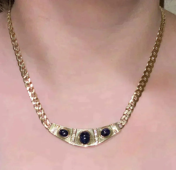 Italian 18K Yellow Gold Sapphire Cabochon & Diamond Statement Necklace