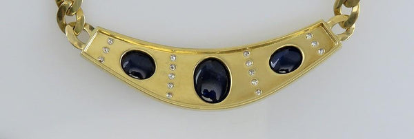 Italian 18K Yellow Gold Sapphire Cabochon & Diamond Statement Necklace