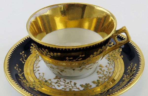Stunning Set 9 Antique Fischer Mieg Cobalt Gold Teacups Chocolate Cups Saucers