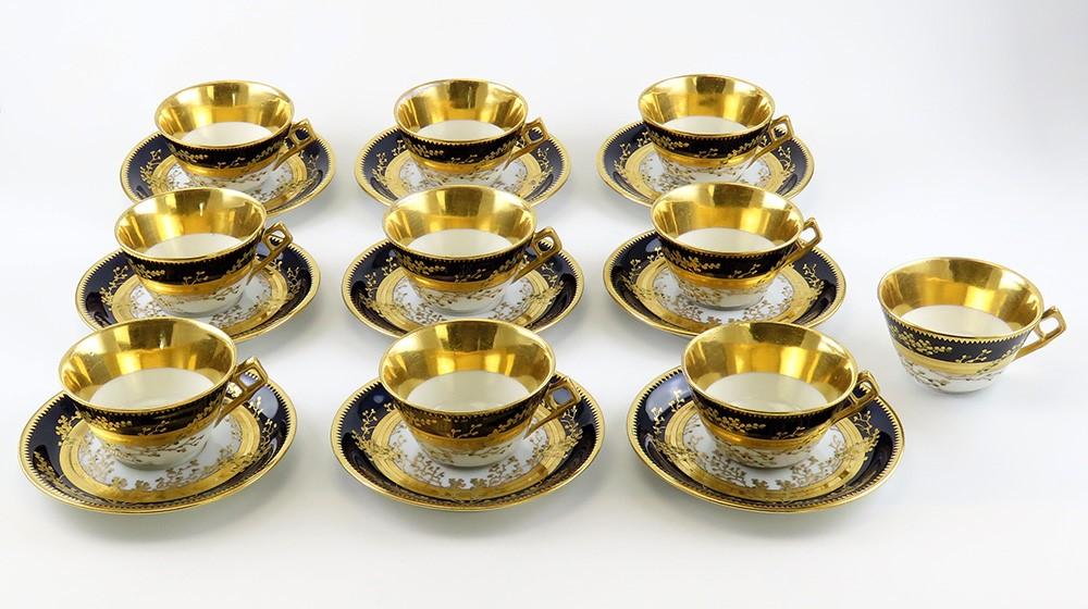 Stunning Set 9 Antique Fischer Mieg Cobalt Gold Teacups Chocolate Cups Saucers