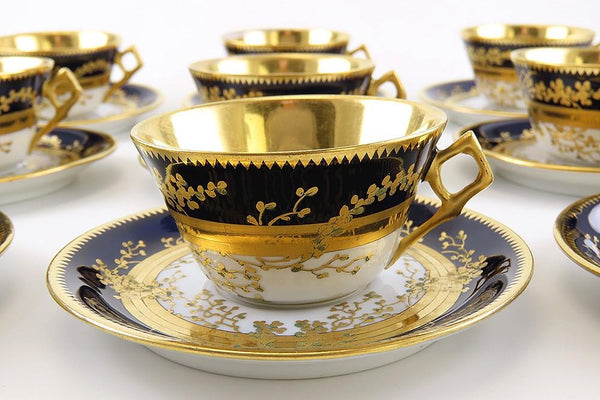 Stunning Set 9 Antique Fischer Mieg Cobalt Gold Teacups Chocolate Cups Saucers