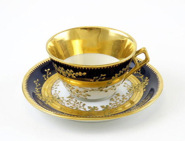 Stunning Set 9 Antique Fischer Mieg Cobalt Gold Teacups Chocolate Cups Saucers