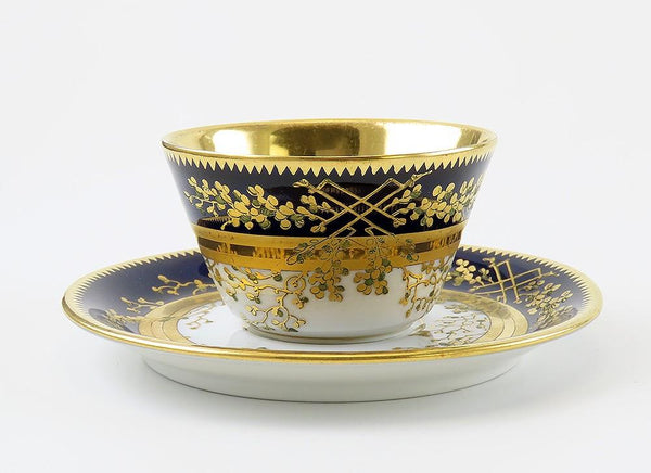 Stunning Set 9 Antique Fischer Mieg Cobalt Gold Teacups Chocolate Cups Saucers