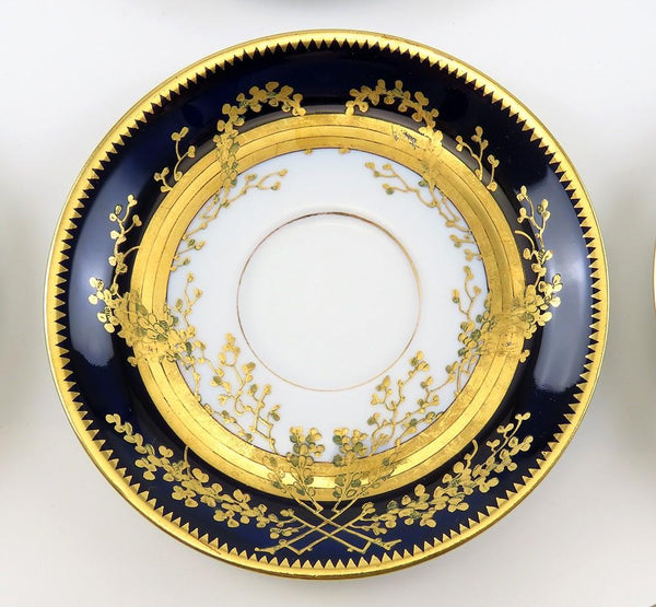 Stunning Set 9 Antique Fischer Mieg Cobalt Gold Teacups Chocolate Cups Saucers