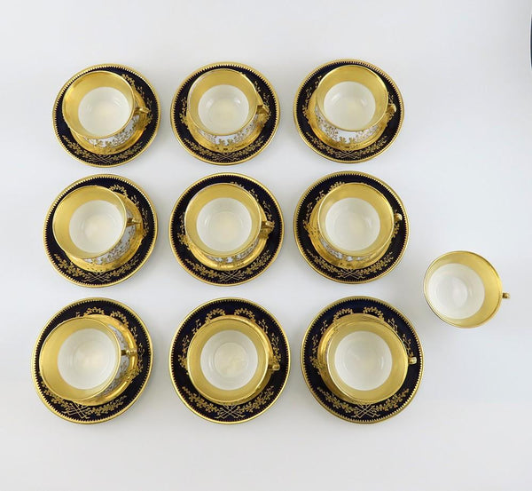 Stunning Set 9 Antique Fischer Mieg Cobalt Gold Teacups Chocolate Cups Saucers