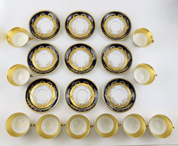Stunning Set 9 Antique Fischer Mieg Cobalt Gold Teacups Chocolate Cups Saucers