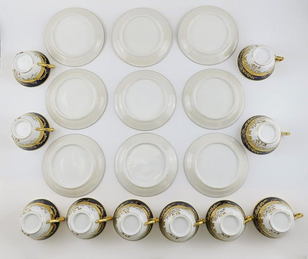 Stunning Set 9 Antique Fischer Mieg Cobalt Gold Teacups Chocolate Cups Saucers
