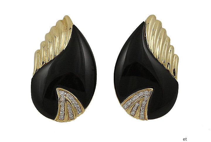 Eye Catching 14k Yellow Gold Diamond Onyx Earrings Modern
