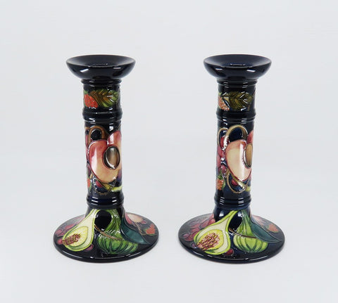 Superb Pair Contemporary Moorcroft Queen's Choice Fig Fruit Candlesticks