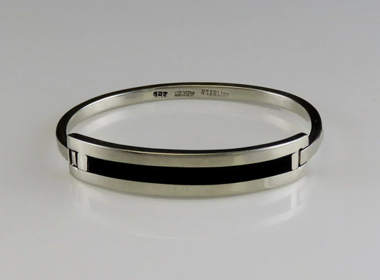 Vintage 1980s Mexican Sterling Silver Black Strip Bangle Bracelet