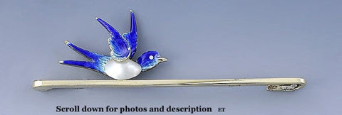 Antique C1900 English 15k Gold Blue Enamel Swallow Sparrow Bird Bar Pin Brooch