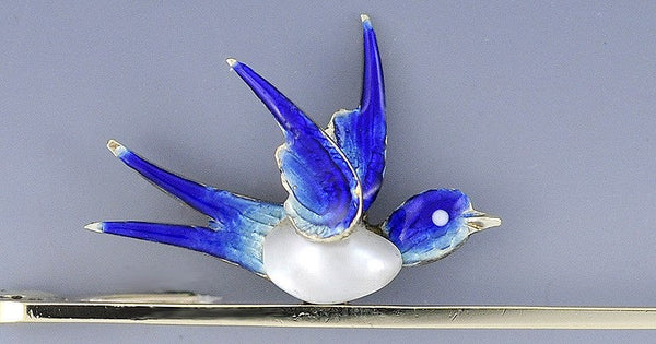 Antique C1900 English 15k Gold Blue Enamel Swallow Sparrow Bird Bar Pin Brooch