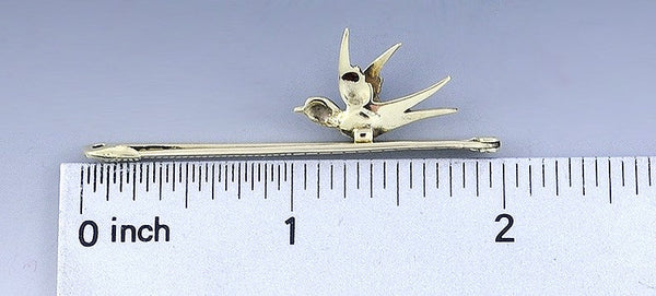 Antique C1900 English 15k Gold Blue Enamel Swallow Sparrow Bird Bar Pin Brooch