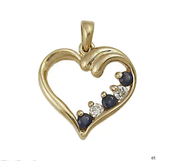 Pretty 14k Gold Diamond & Sapphire Heart Pendant Modern