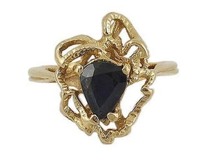 Abstract 14K Yellow Gold Deep Blue Pear Sapphire Artisan Ring Size 3