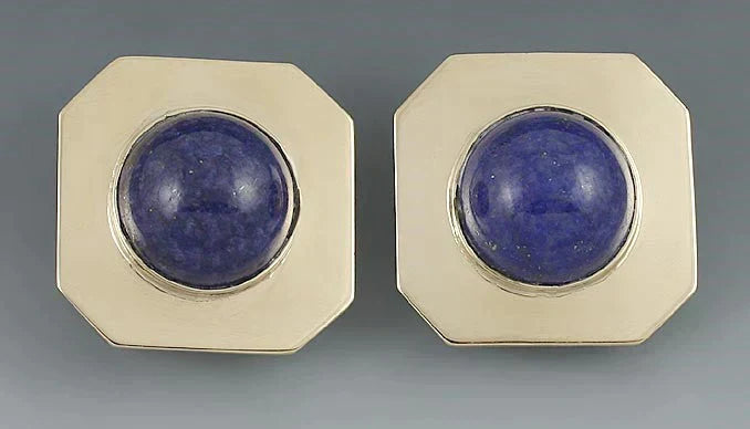 Modern 14K Yellow Gold Lapis Art Deco Style Geometric Earrings