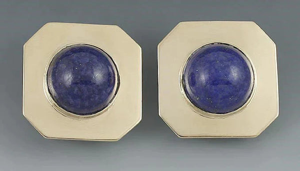 Modern 14K Yellow Gold Lapis Art Deco Style Geometric Earrings