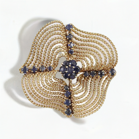 1960s Art Moderne 14k Gold Sapphire Rope Form Pinwheel Brooch/Pin