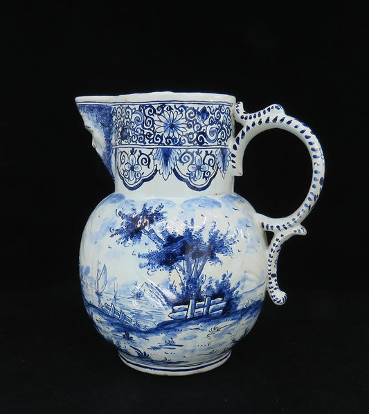 Fine Old 1700s Delft Faience Blue White Scenic Mask Jug Pitcher