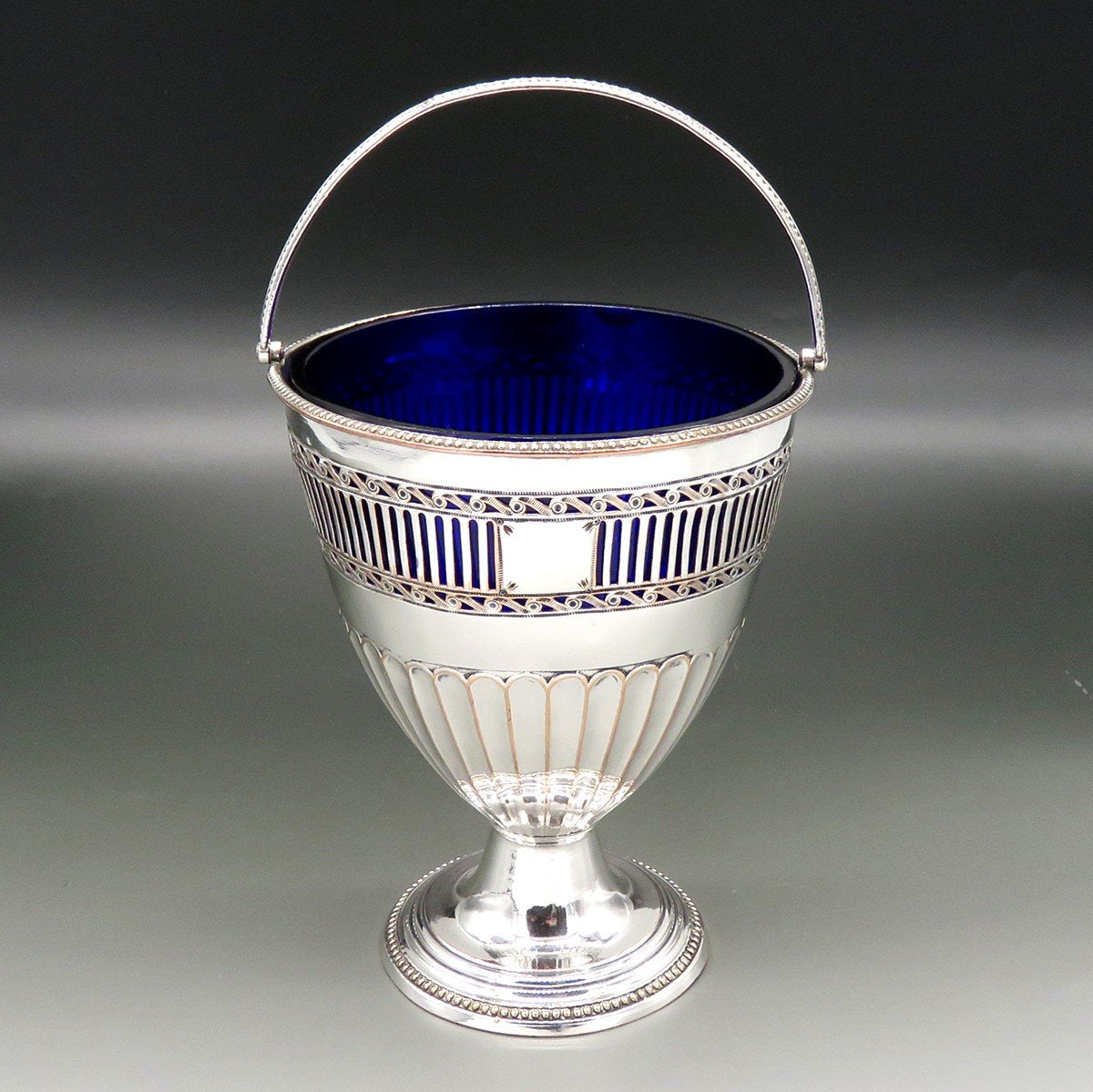 Antique English Georgian Sheffield Silverplate Cobalt Glass Swing Handle Basket