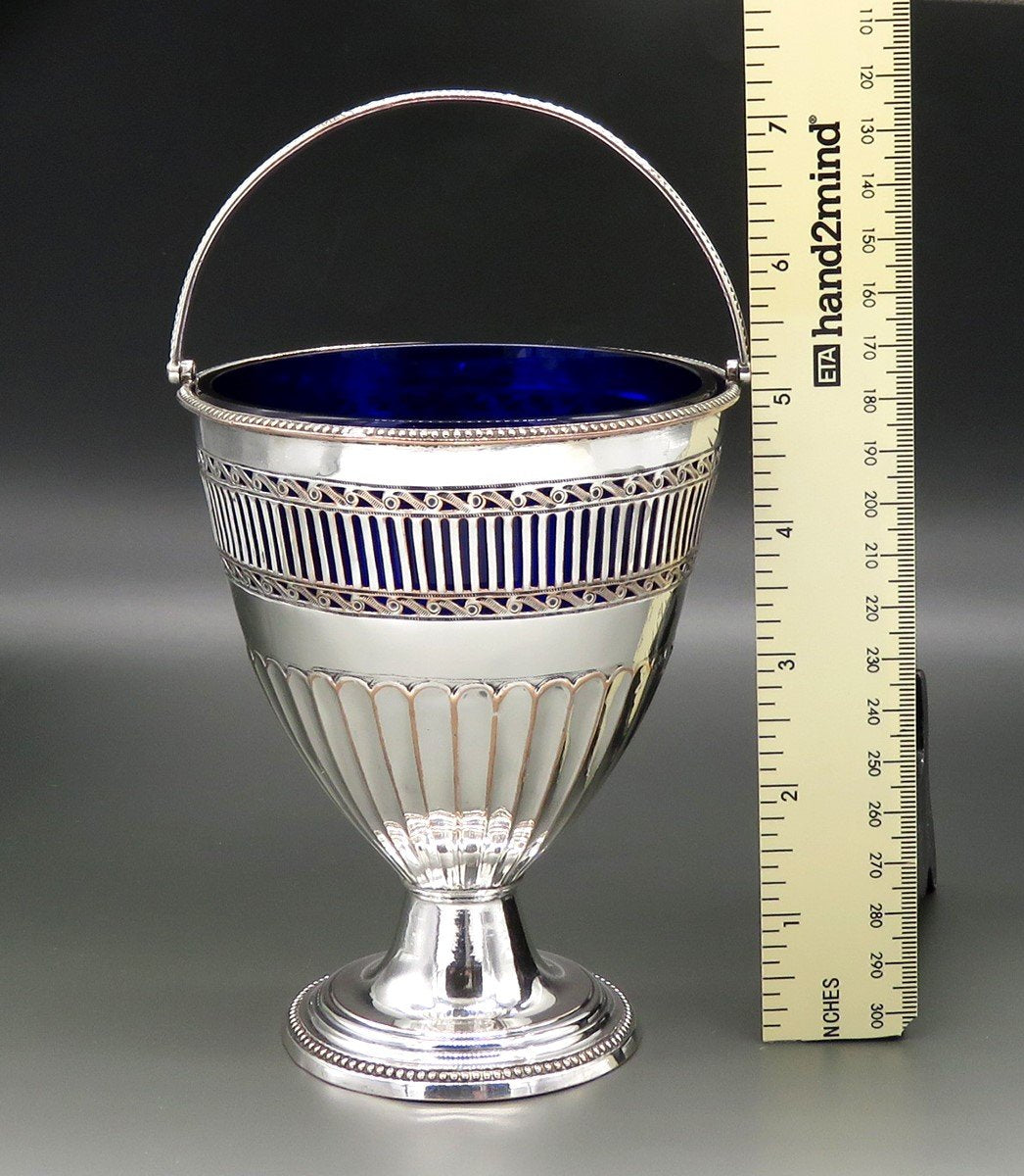 Antique English Georgian Sheffield Silverplate Cobalt Glass Swing Handle Basket