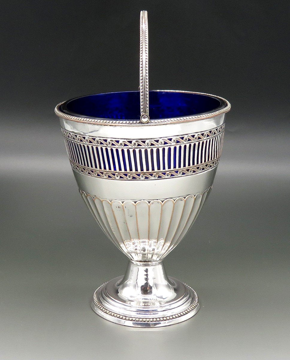 Antique English Georgian Sheffield Silverplate Cobalt Glass Swing Handle Basket