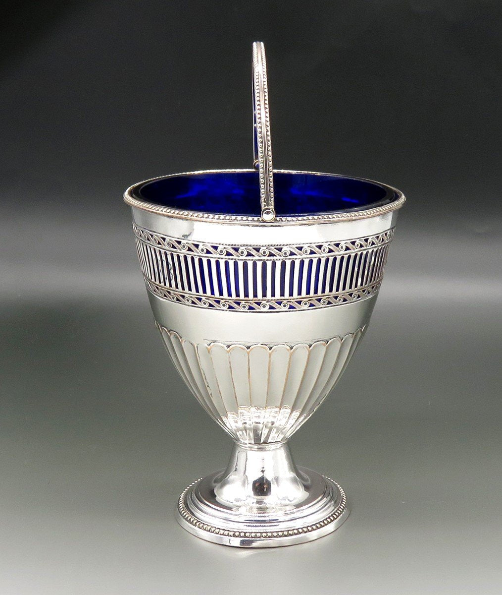 Antique English Georgian Sheffield Silverplate Cobalt Glass Swing Handle Basket