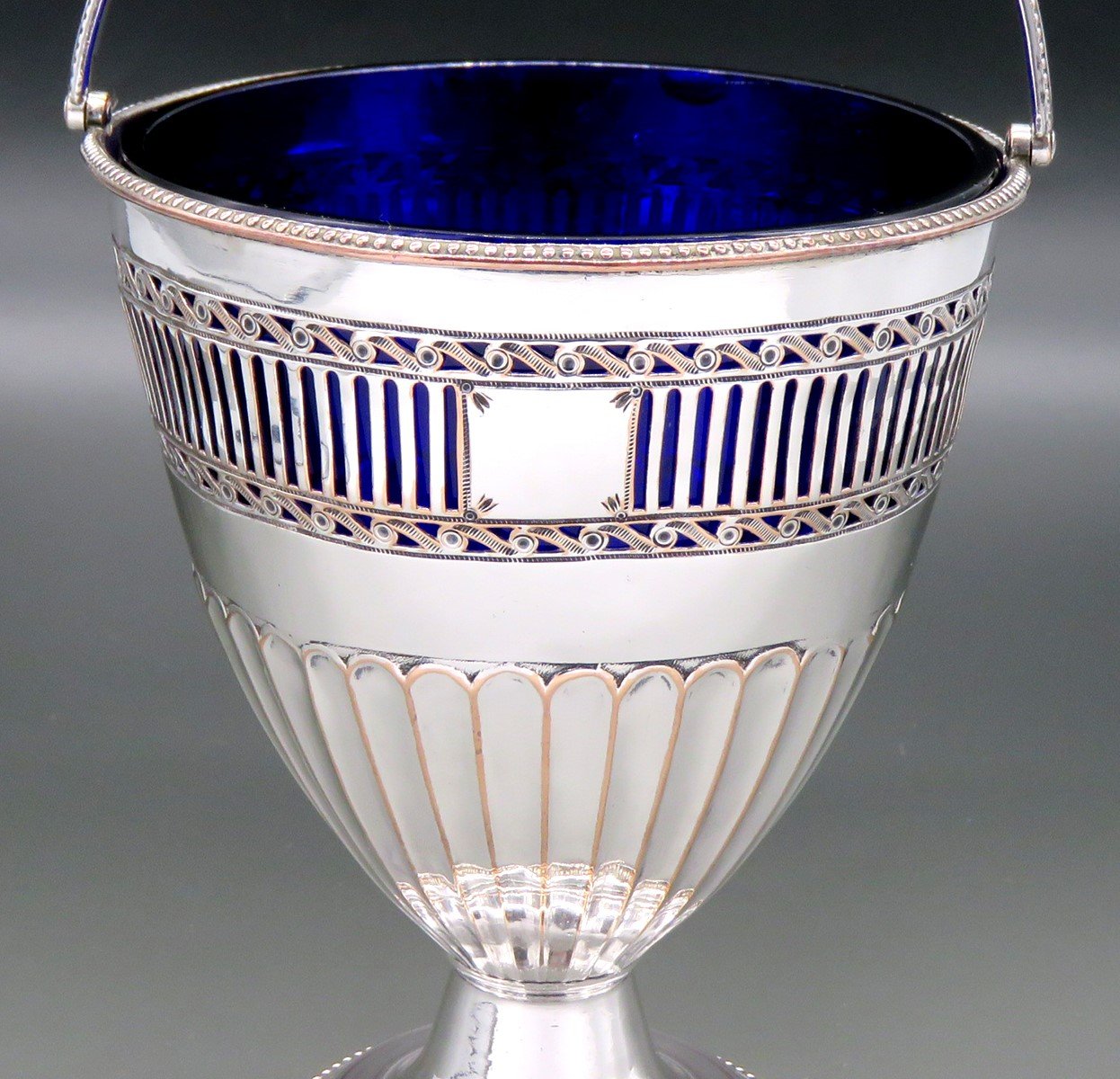 Antique English Georgian Sheffield Silverplate Cobalt Glass Swing Handle Basket