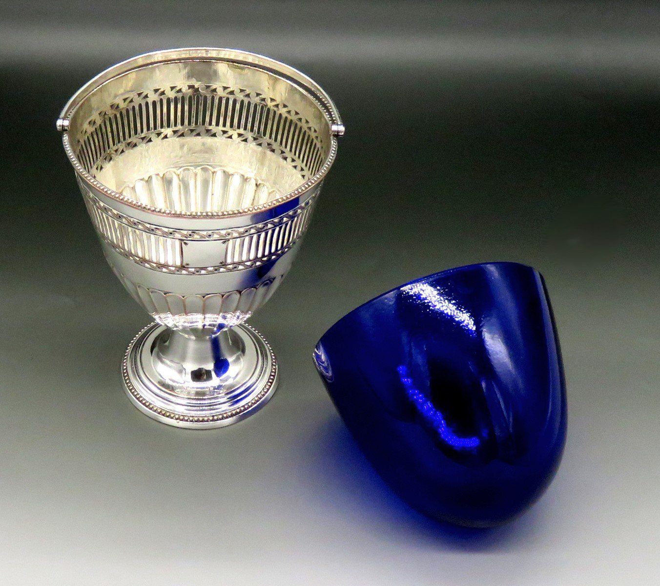 Antique English Georgian Sheffield Silverplate Cobalt Glass Swing Handle Basket
