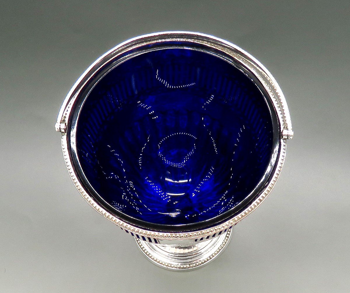 Antique English Georgian Sheffield Silverplate Cobalt Glass Swing Handle Basket