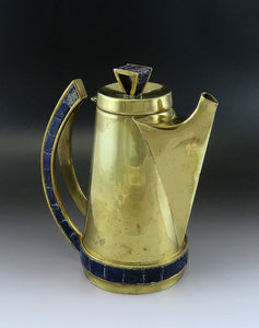Classy VTG Mexican Brass and Blue Glass Mosaic Inlay Pitcher