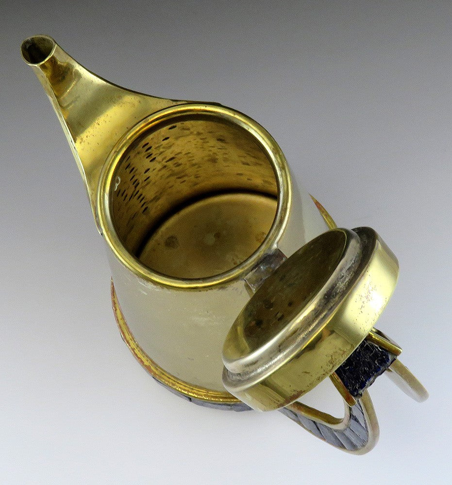 Classy VTG Mexican Brass and Blue Glass Mosaic Inlay Pitcher