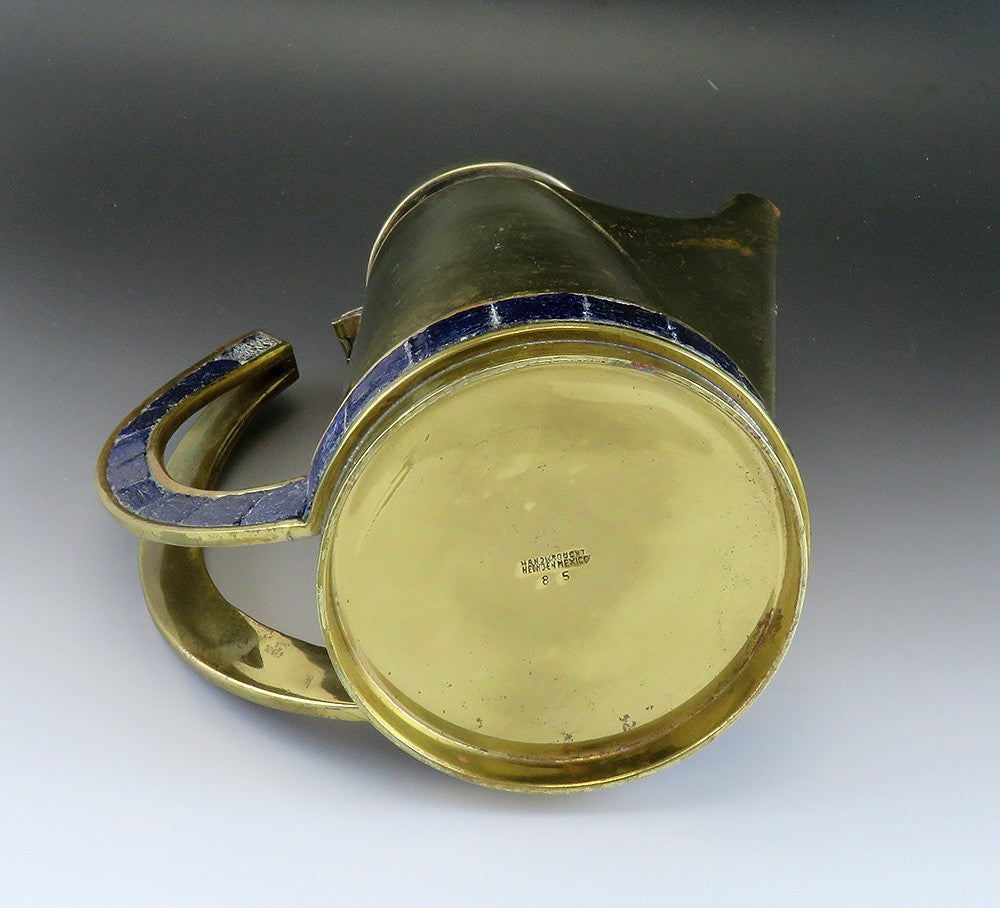 Classy VTG Mexican Brass and Blue Glass Mosaic Inlay Pitcher