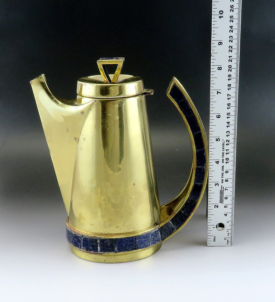 Classy VTG Mexican Brass and Blue Glass Mosaic Inlay Pitcher