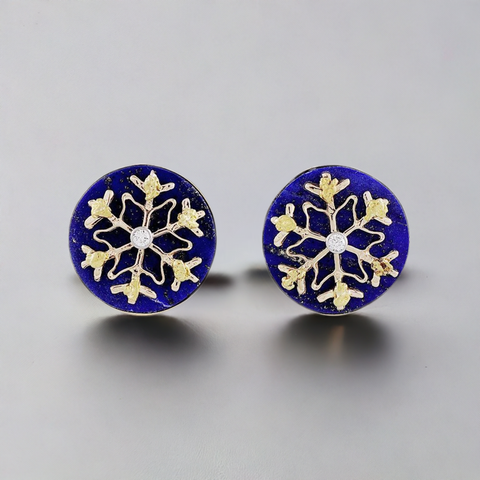 Handsome Pair 14k Gold Diamond Gold Nugget & Lapis Lazuli Snowflake Cufflinks