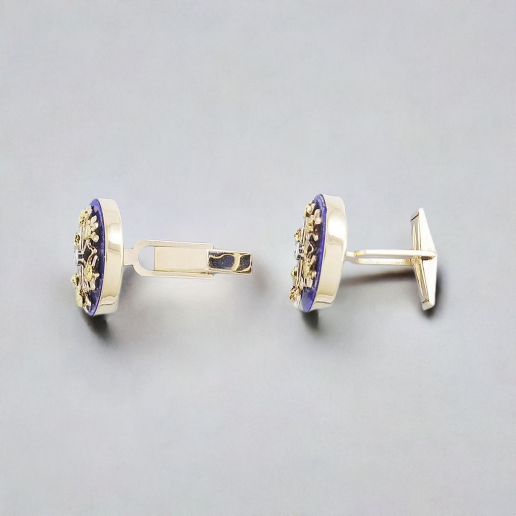 Handsome Pair 14k Gold Diamond Gold Nugget & Lapis Lazuli Snowflake Cufflinks