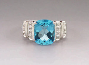 Beautiful 14K White Gold Blue 4.5CT Topaz Diamond Gemstone Statement Ring