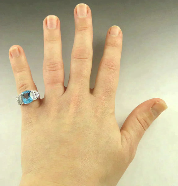 Beautiful 14K White Gold Blue 4.5CT Topaz Diamond Gemstone Statement Ring