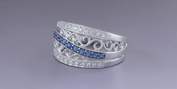 Beautiful 14k White Gold Filigree Sapphire & Diamond Ring